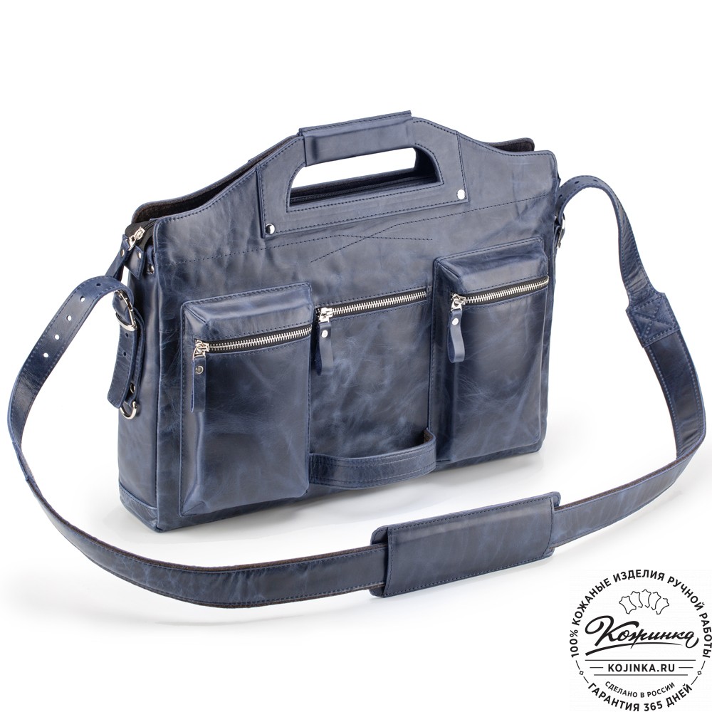Кожаная деловая сумка "Диего" (синий антик)