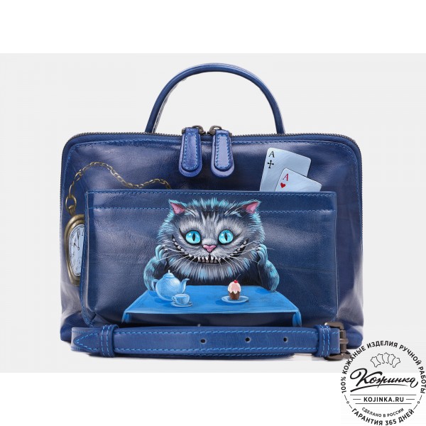 Женская кожаная сумка "Крис" "Чешир за чаем". фото 1