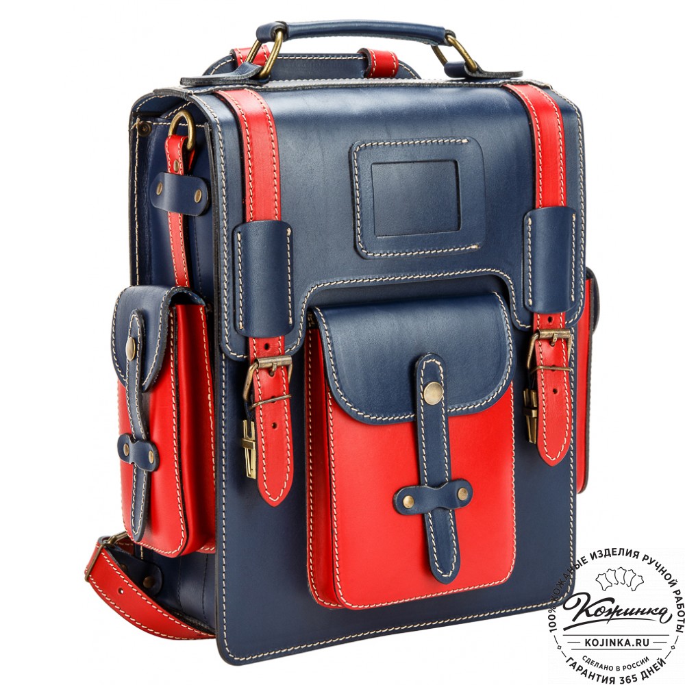 Кожаный ранец-портфель "Джон" (синий с красным)