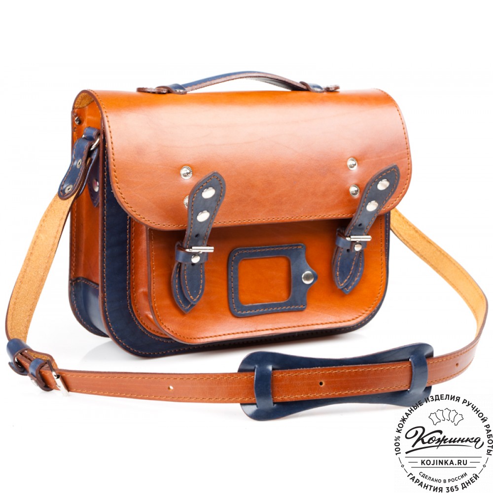 Кожаный портфель "Сатчел"  (рыжий с синим)